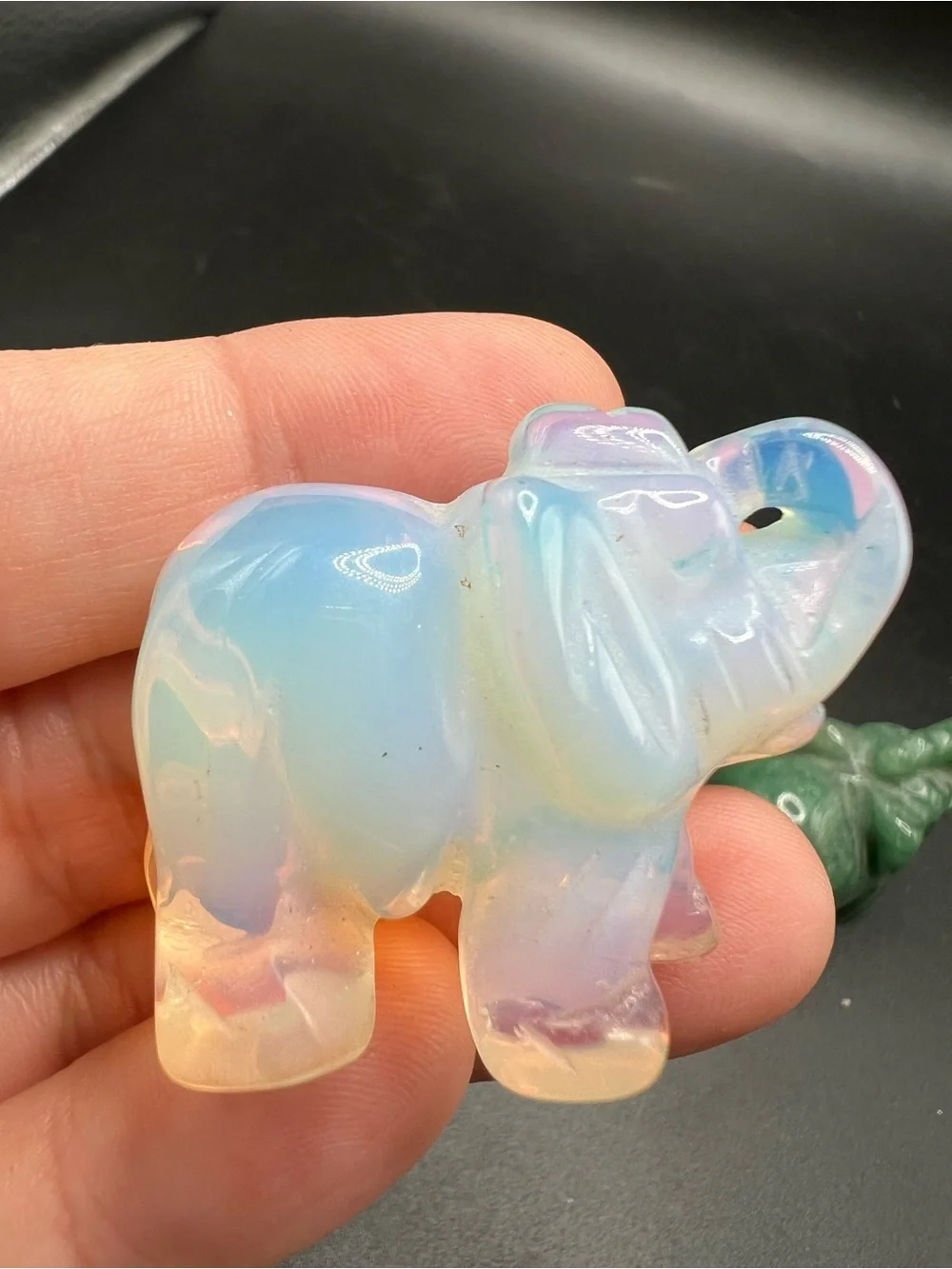 Lot of 2 Carved Stone Elephant Figurines Opalite & Green Aventurine Crystal 1.5”